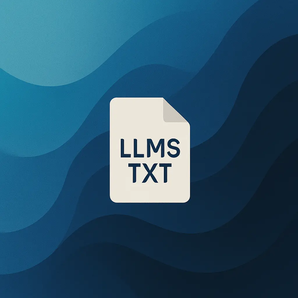 Icon of a document labeled "LLMS TXT" on a blue abstract background.
